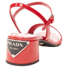 new PRADA black triangle logo embellished heel red patent mid heel sandals EU39