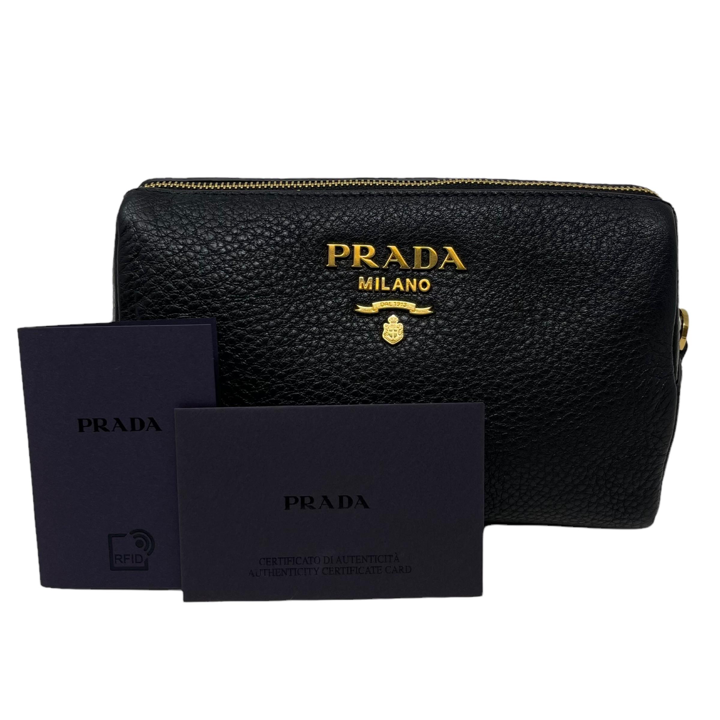 NEW Prada Black Vitello Daino Leather Cosmetic Pouch Clutch Travel Bag For Sale 8