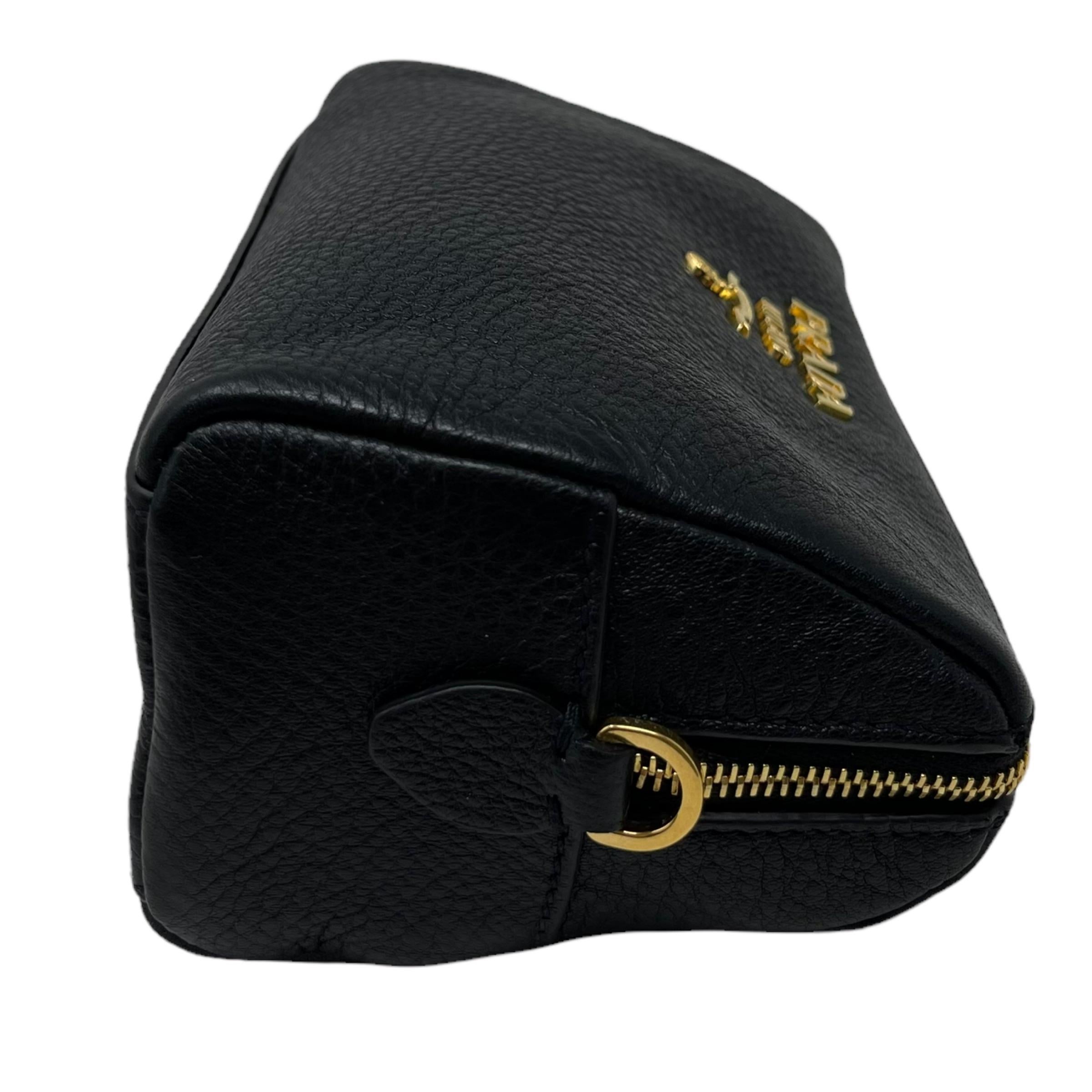NEW Prada Black Vitello Daino Leather Cosmetic Pouch Clutch Travel Bag For Sale 1