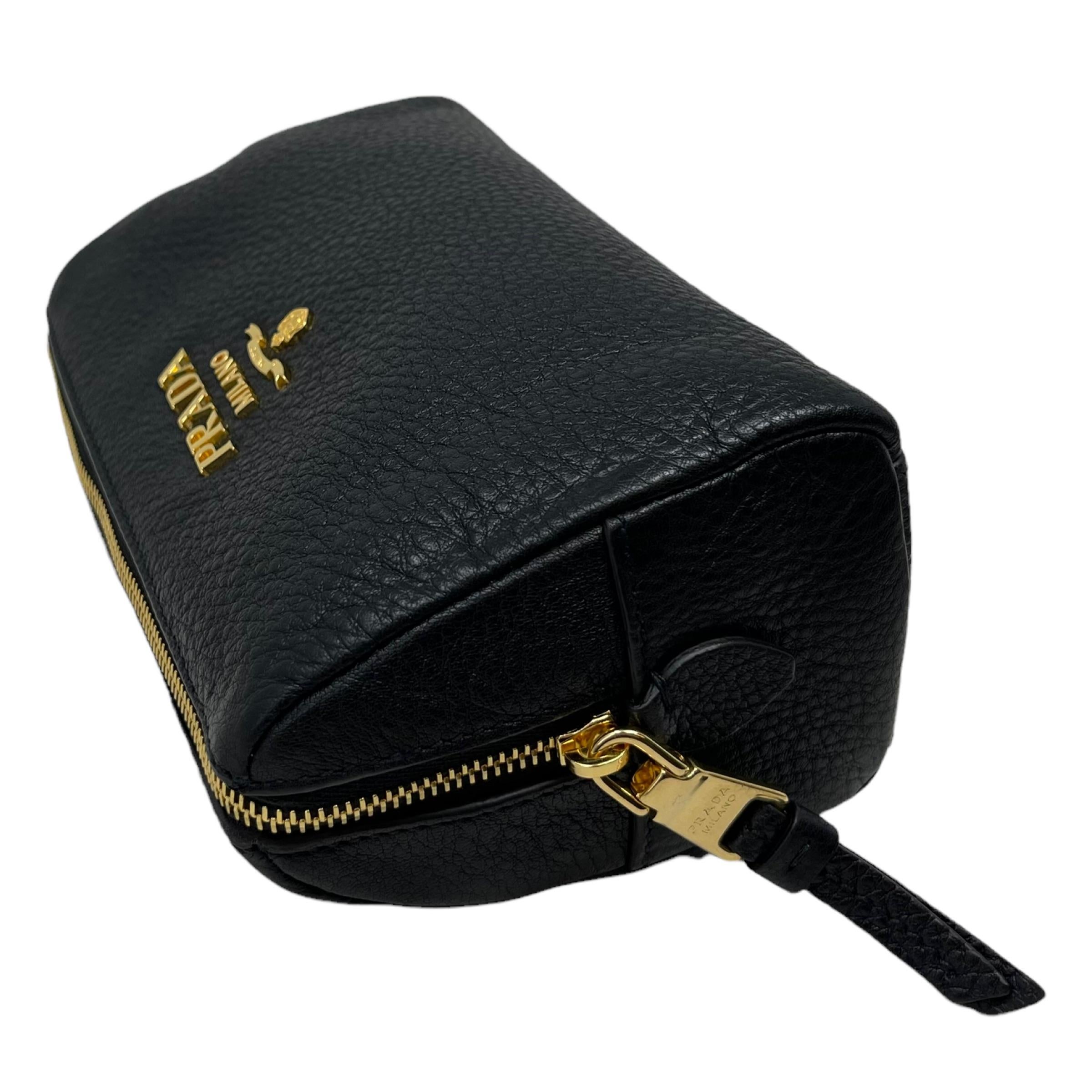 NEW Prada Black Vitello Daino Leather Cosmetic Pouch Clutch Travel Bag For Sale 2
