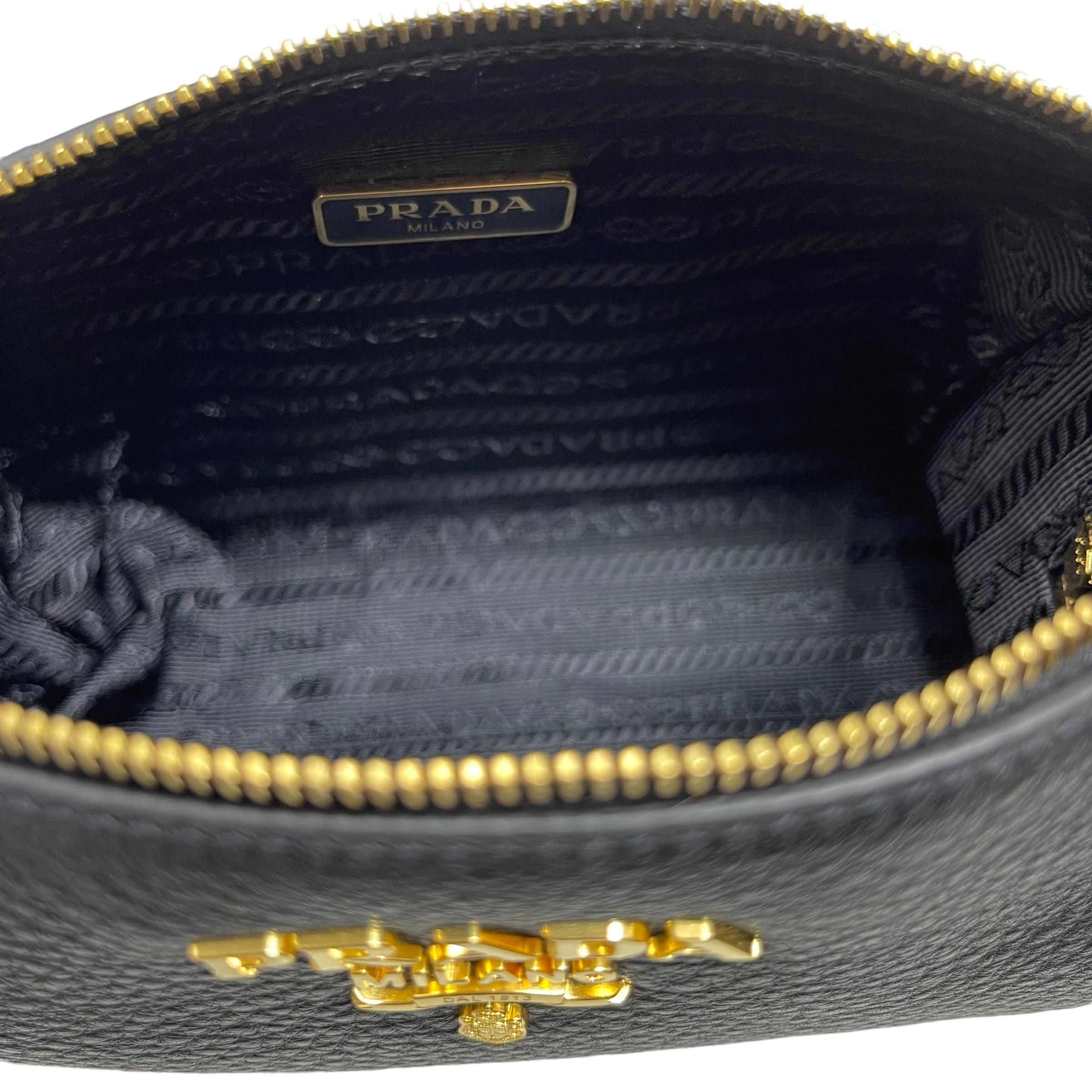 NEW Prada Black Vitello Daino Leather Cosmetic Pouch Clutch Travel Bag For Sale 3