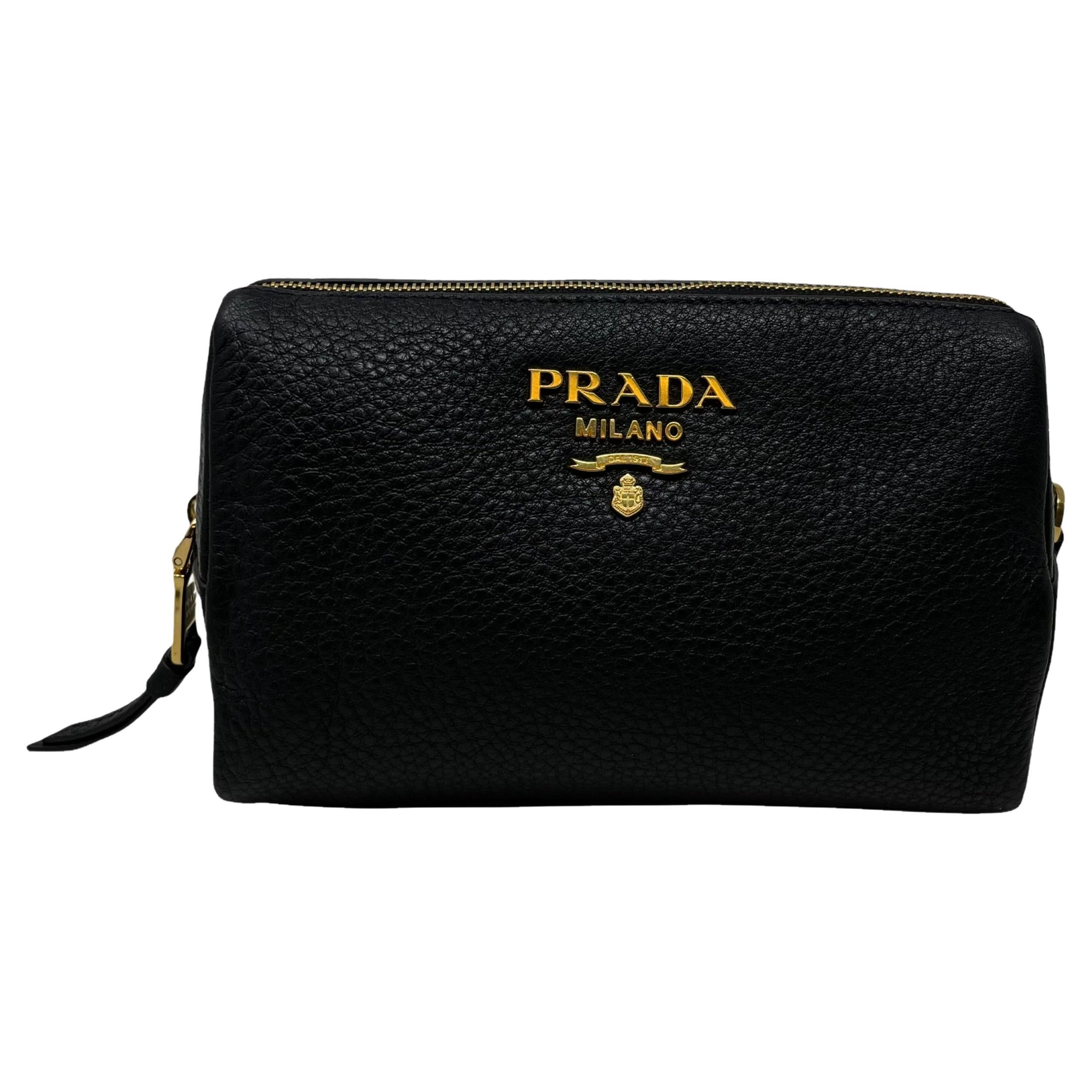 NEW Prada Black Vitello Daino Leather Cosmetic Pouch Clutch Travel Bag For Sale
