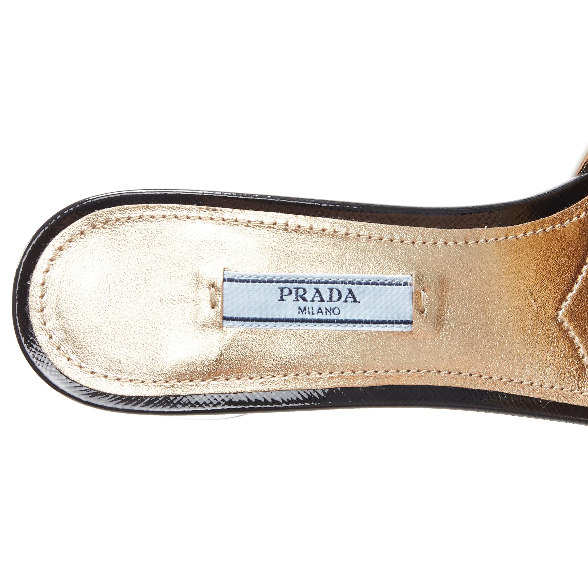 new PRADA black white saffiano leather gold logo open toe mule clog sandal EU39 5