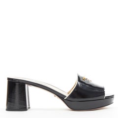 new PRADA black white saffiano leather gold logo open toe mule clog sandal EU39