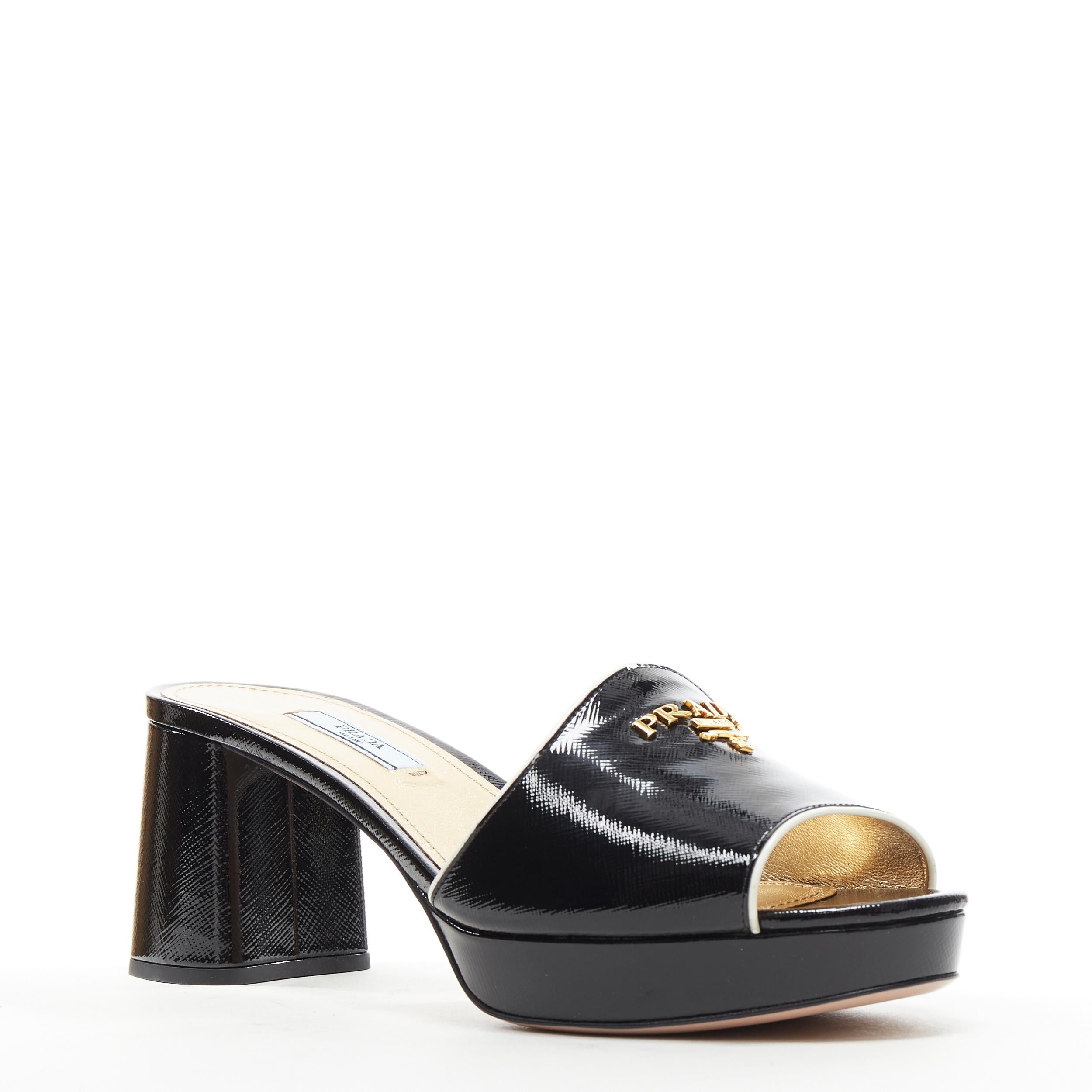 Black new PRADA black white saffiano leather gold logo open toe mule clog sandal EU39