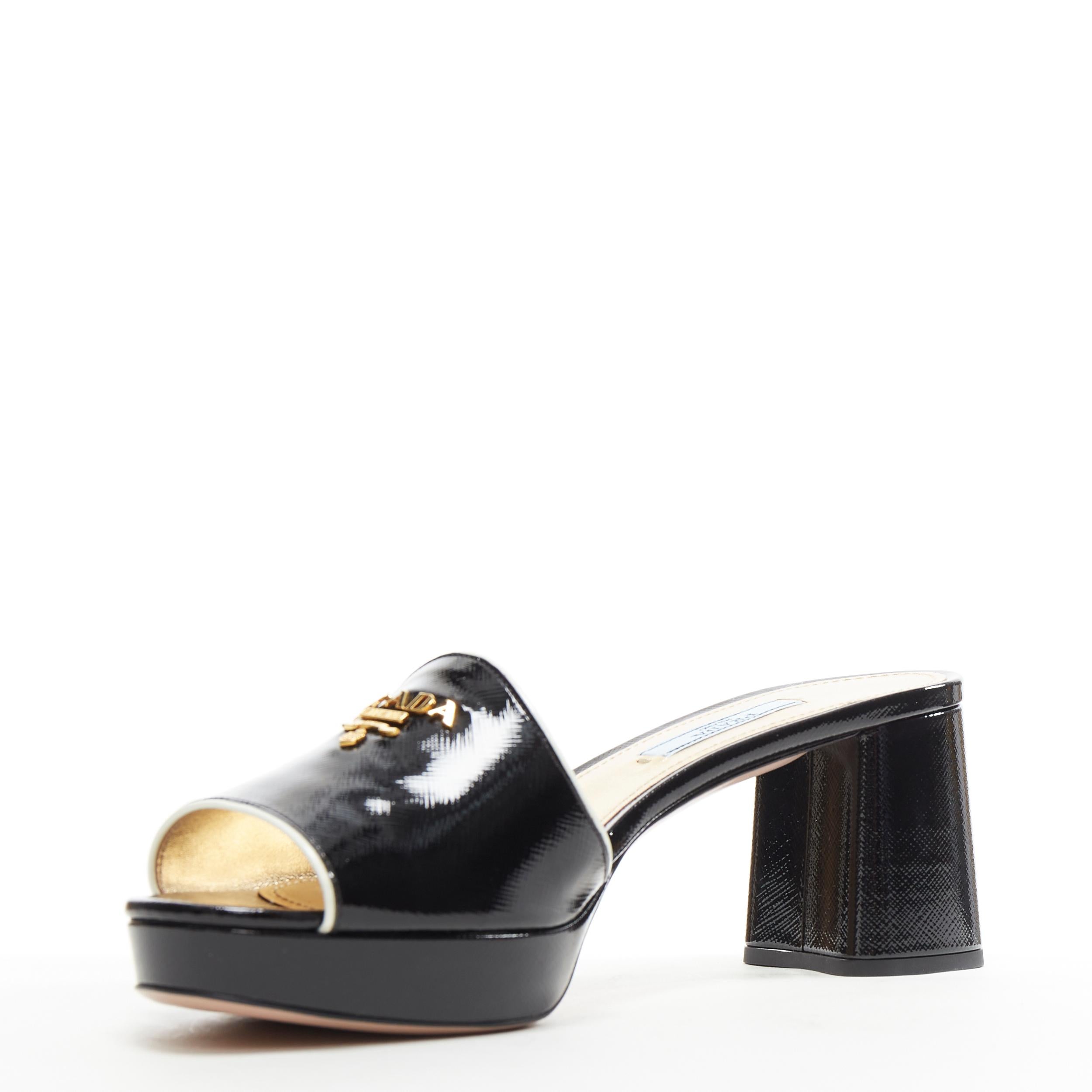 new PRADA black white saffiano leather gold logo open toe mule clog sandal EU39 In New Condition In Hong Kong, NT