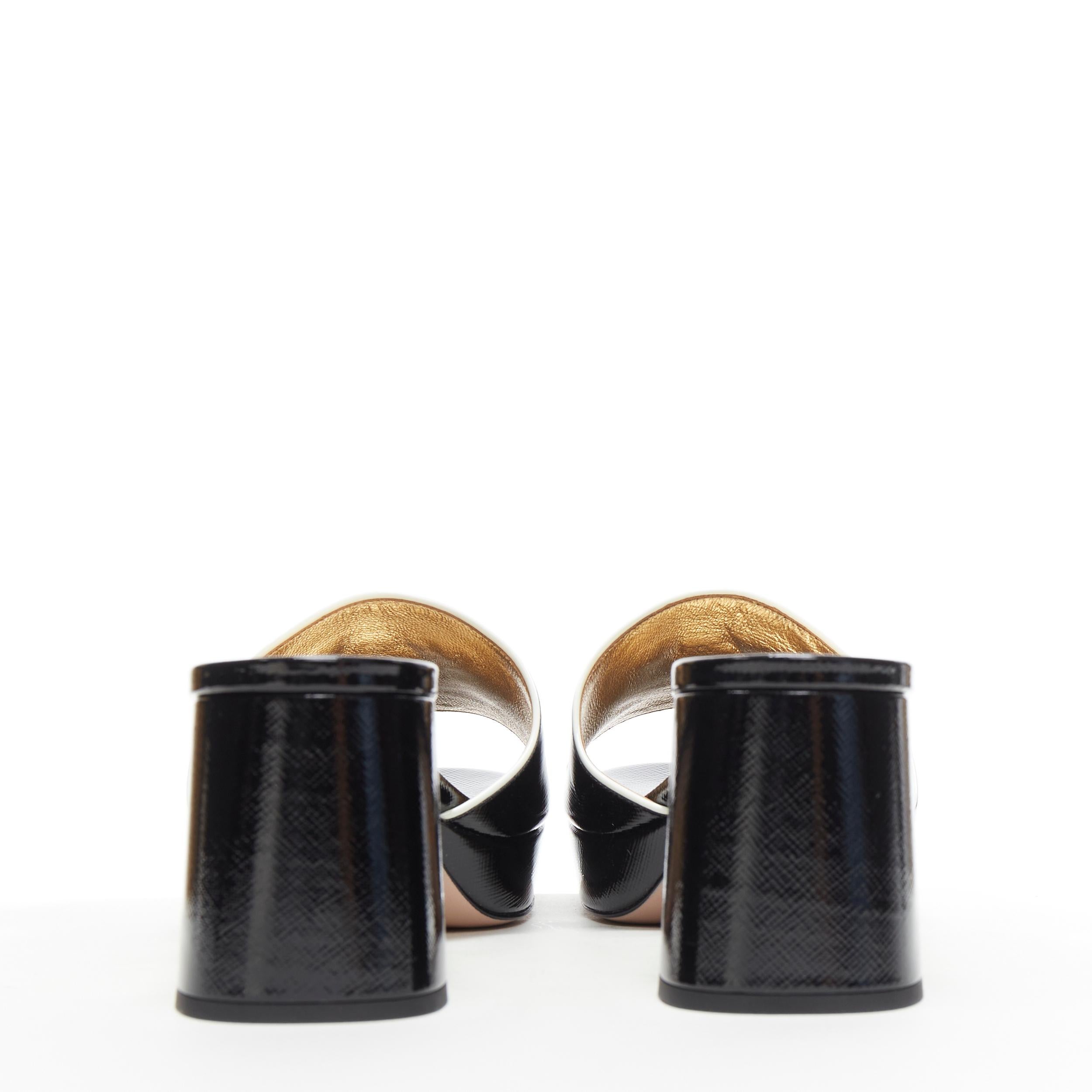 Women's new PRADA black white saffiano leather gold logo open toe mule clog sandal EU39
