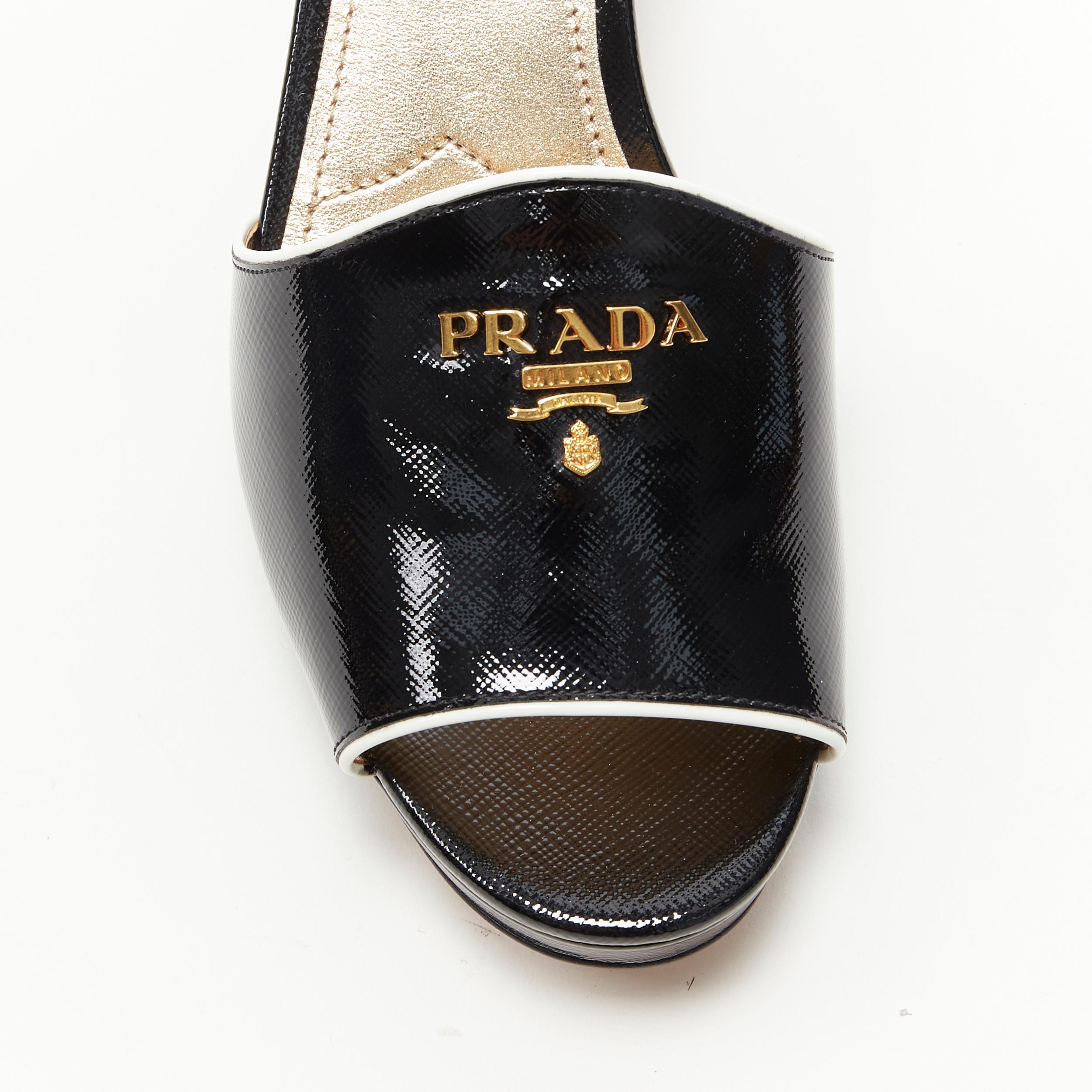 new PRADA black white saffiano leather gold logo open toe mule clog sandal EU39 2