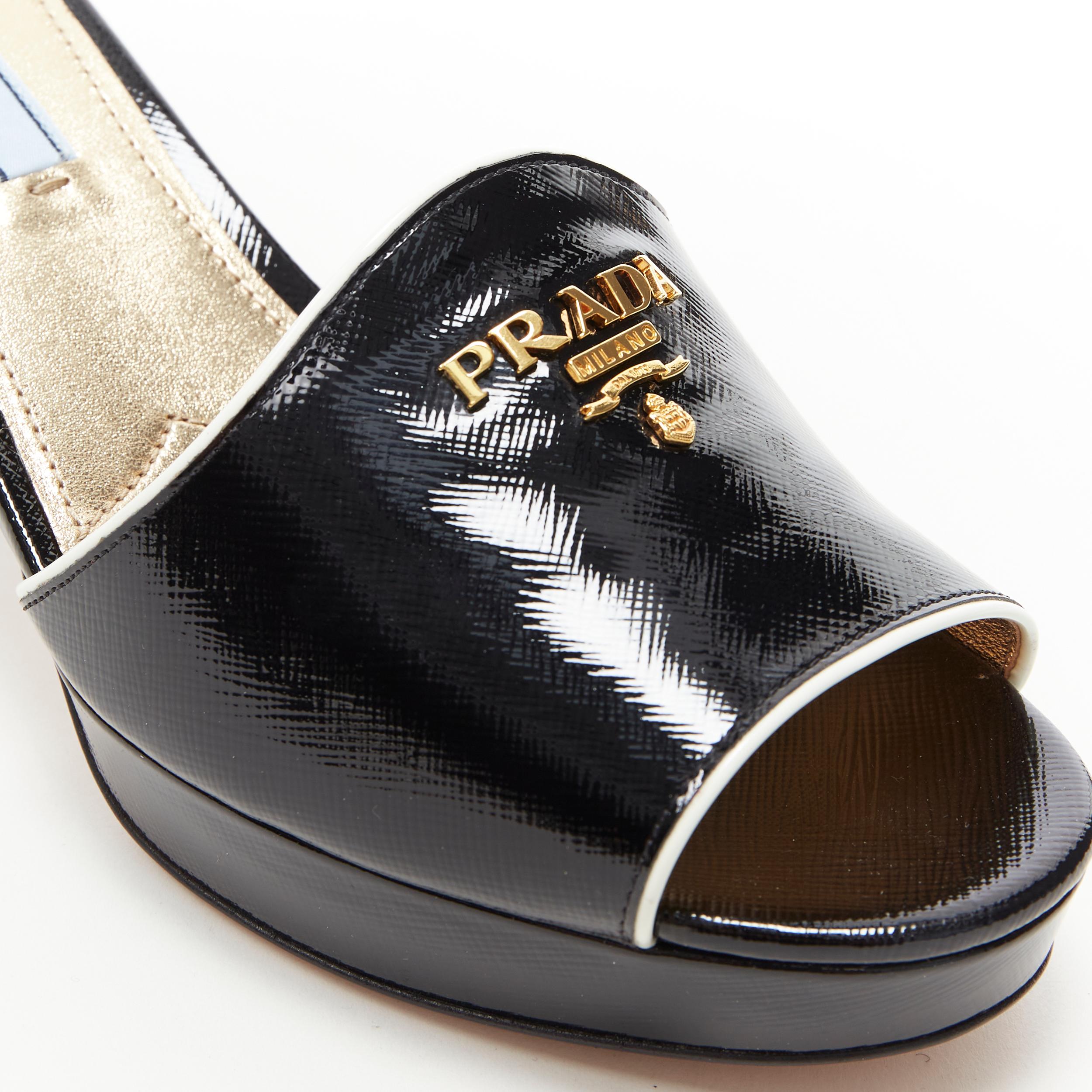 new PRADA black white saffiano leather gold logo open toe mule clog sandal EU39 3