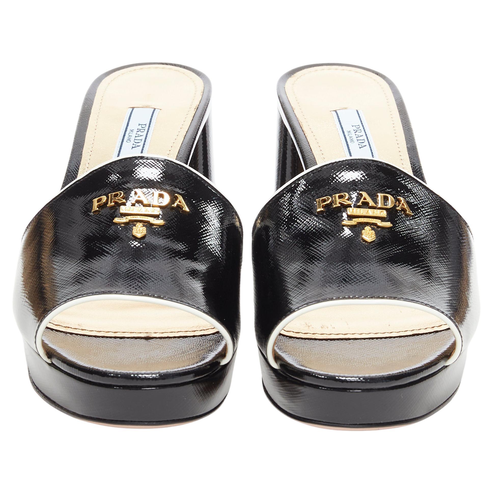 new PRADA black white saffiano leather gold logo open toe mule clog sandal EU39
