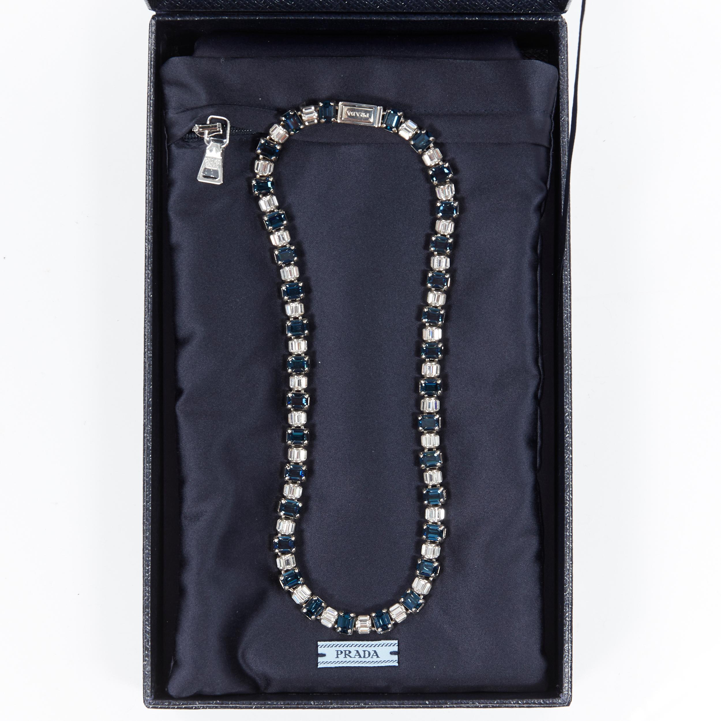 Women's new PRADA blue faux sapphire rhinestone crystal jewel baguette fashion necklace