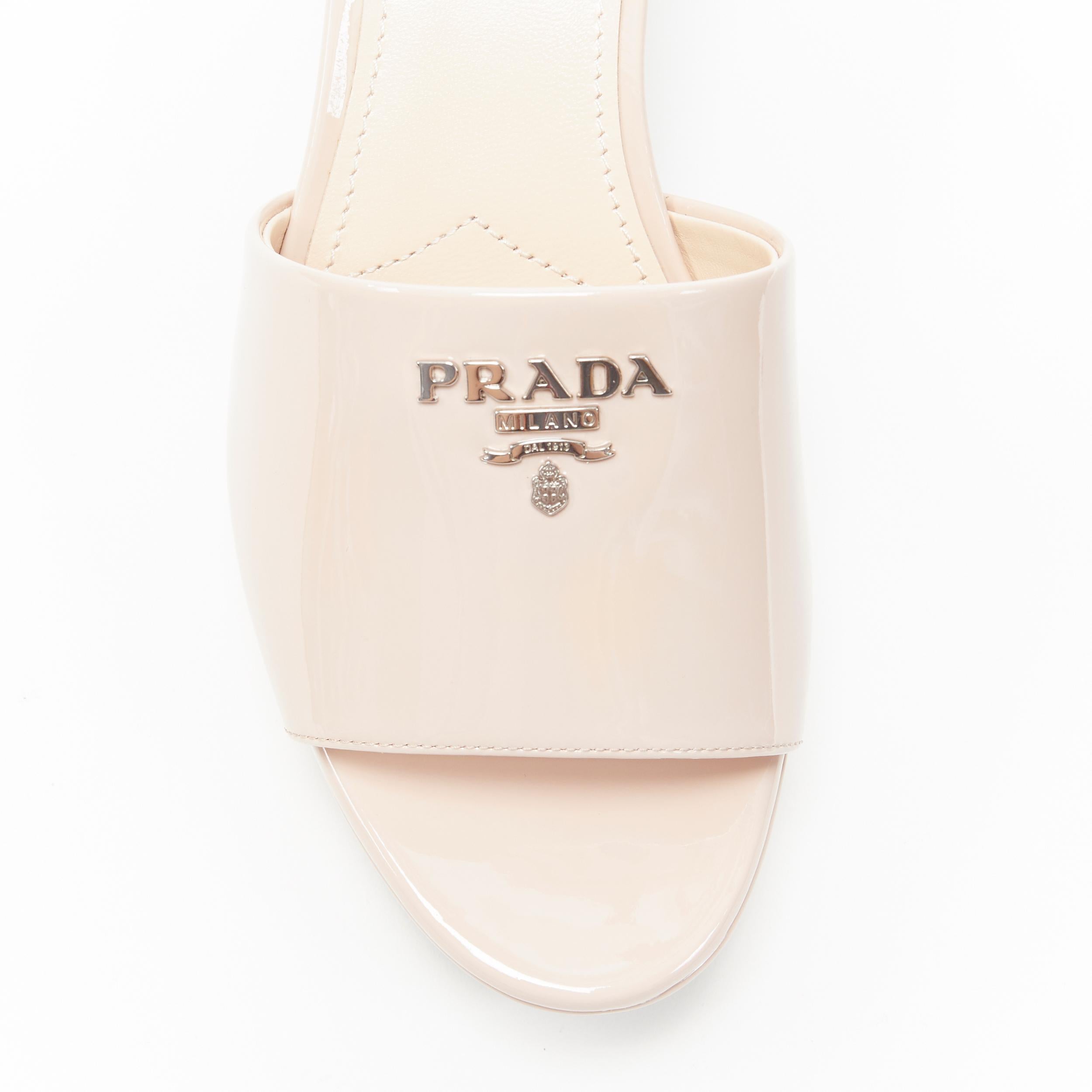 Women's new PRADA blush nude patent silver logo platform block heel mule clog shoes EU39