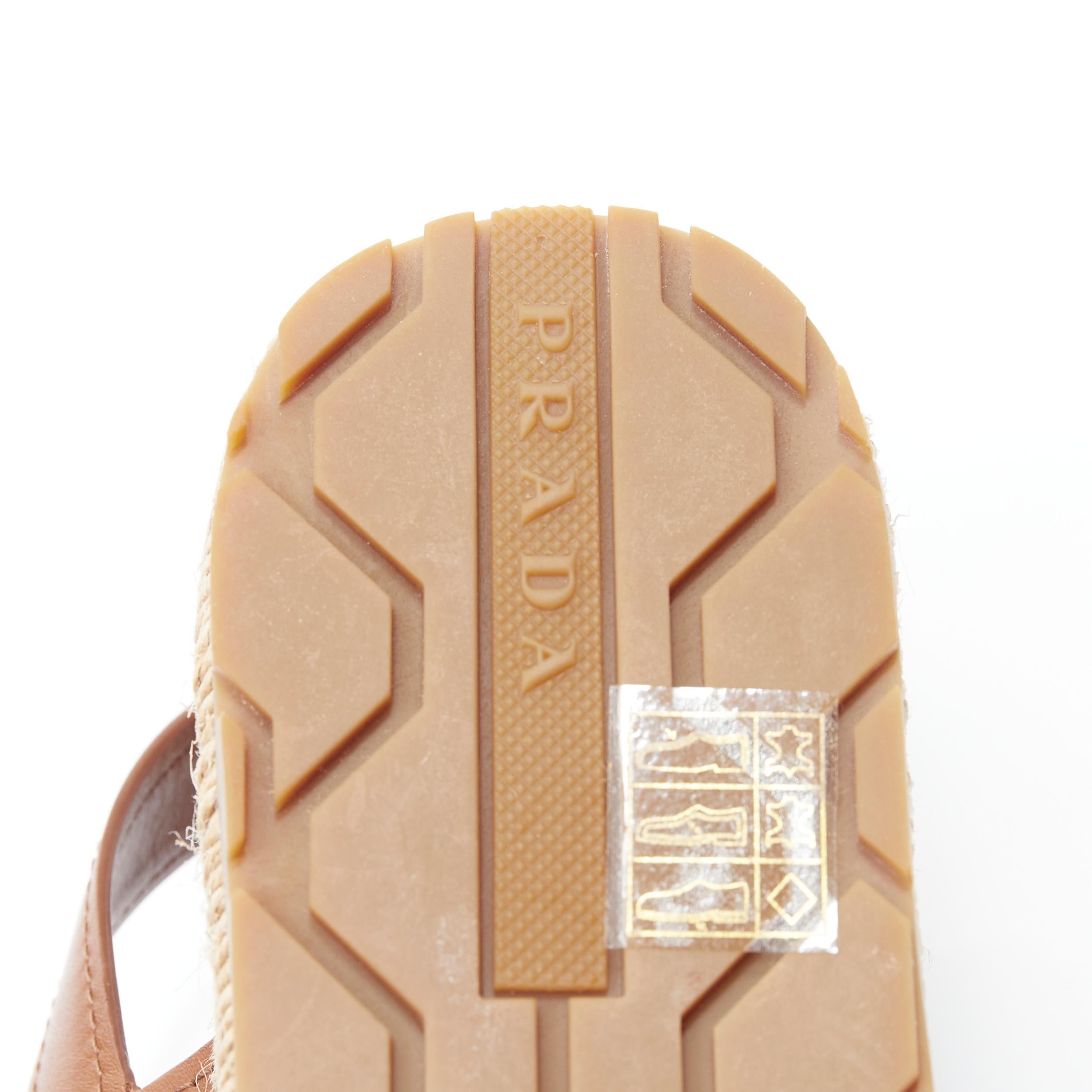 new PRADA Brandy tan leather gold buckle double espadrille sandals EU38 2