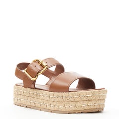 new PRADA Brandy tan leather gold buckle double espadrille sandals EU38