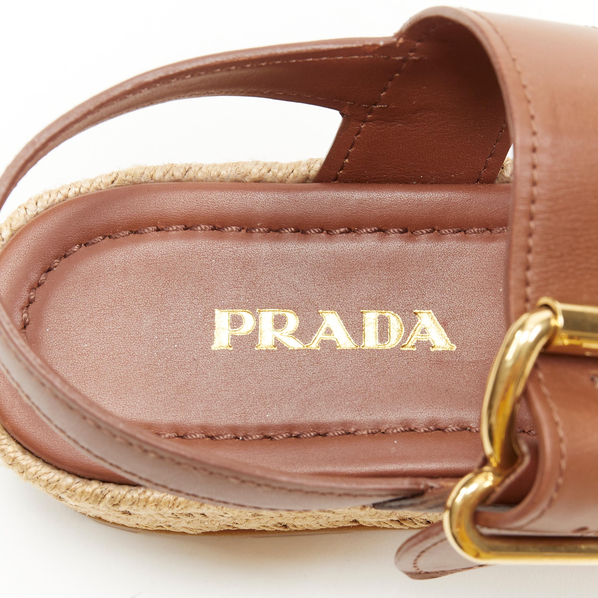 new PRADA Brandy tan leather gold buckle double espadrille sandals EU38 1