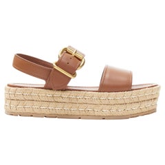 new PRADA Brandy tan leather gold buckle double espadrille sandals EU38