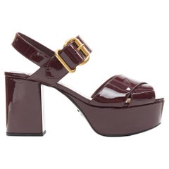 new PRADA brown patent gold buckle platform high heel mule sandal EU38