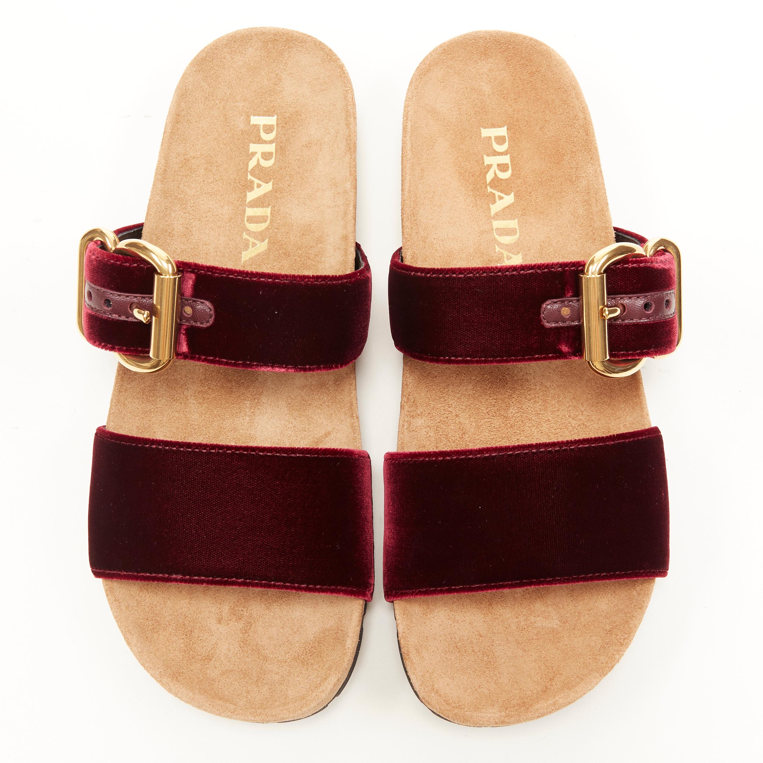 Brown new PRADA burgundy red velvet strap gold buckle slides summer sandals EU37