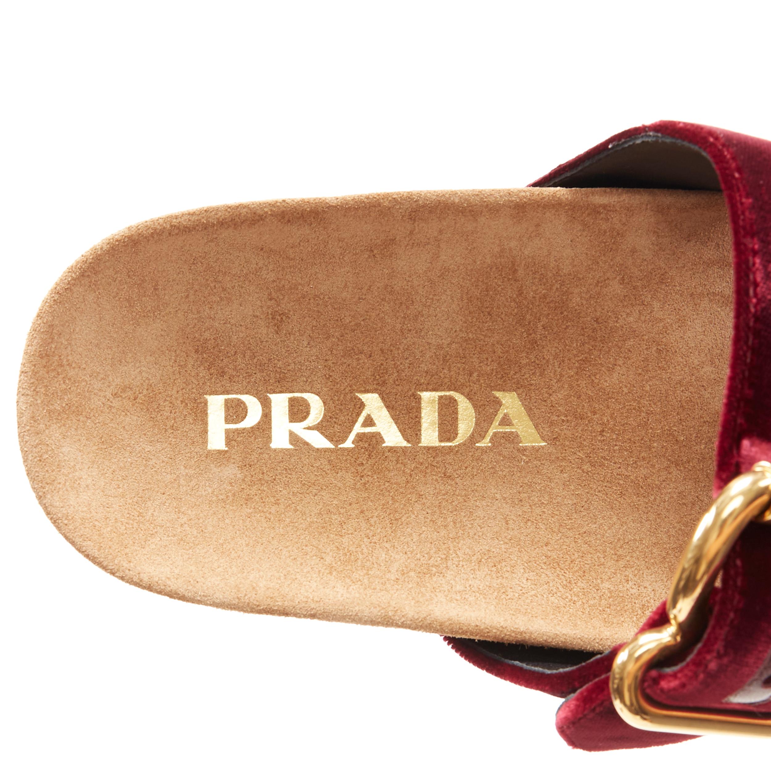 new PRADA burgundy red velvet strap gold buckle slides summer sandals EU37 4