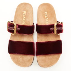 new PRADA burgundy red velvet strap gold buckle slides summer sandals EU37