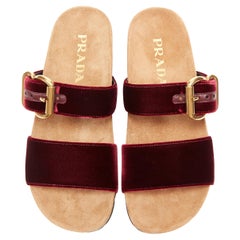 new PRADA burgundy red velvet strap gold buckle slides summer sandals EU37