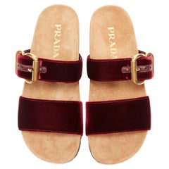 new PRADA burgundy red velvet strap gold buckle slides summer sandals EU37.5