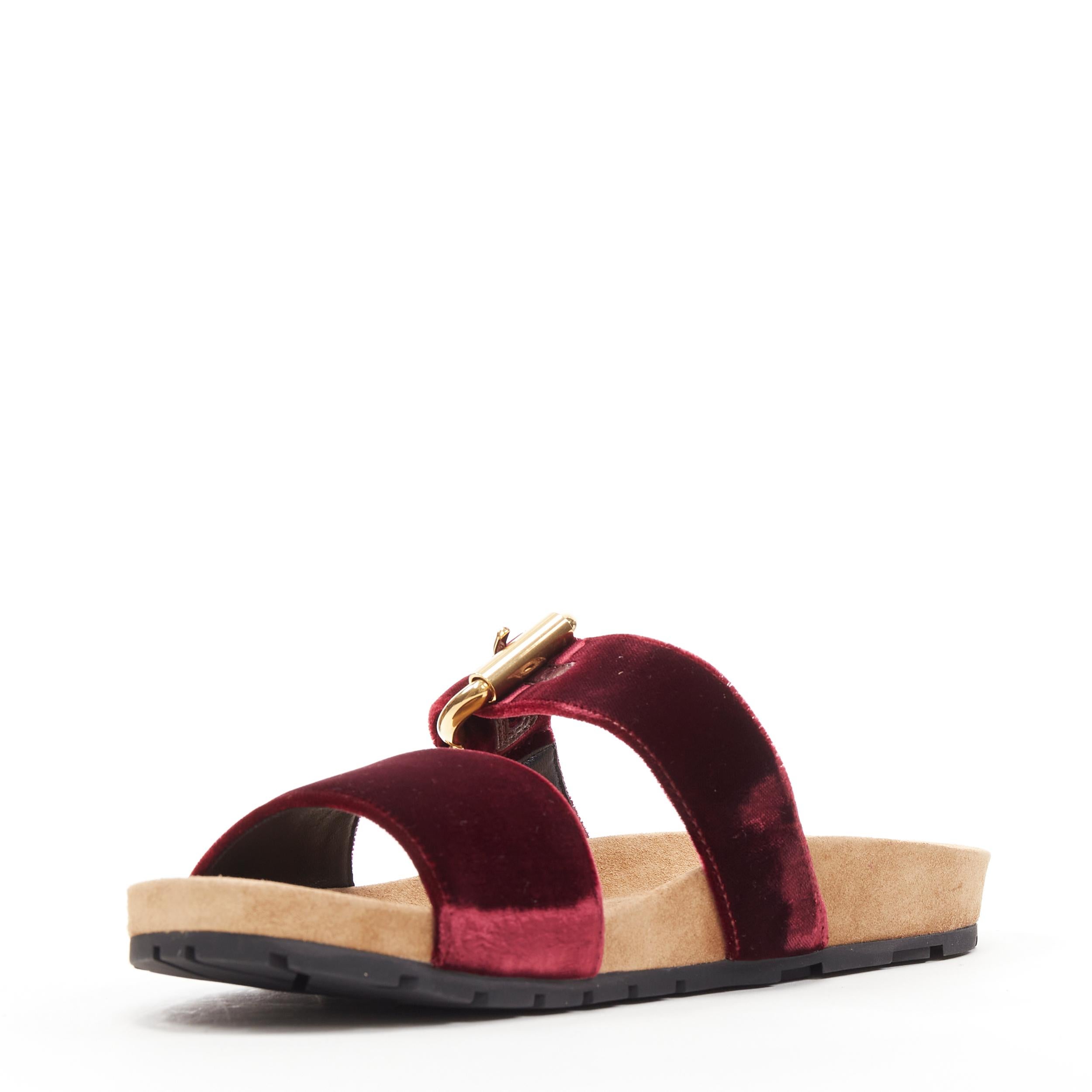 Women's new PRADA burgundy red velvet strap gold buckle slides summer sandals EU38.5