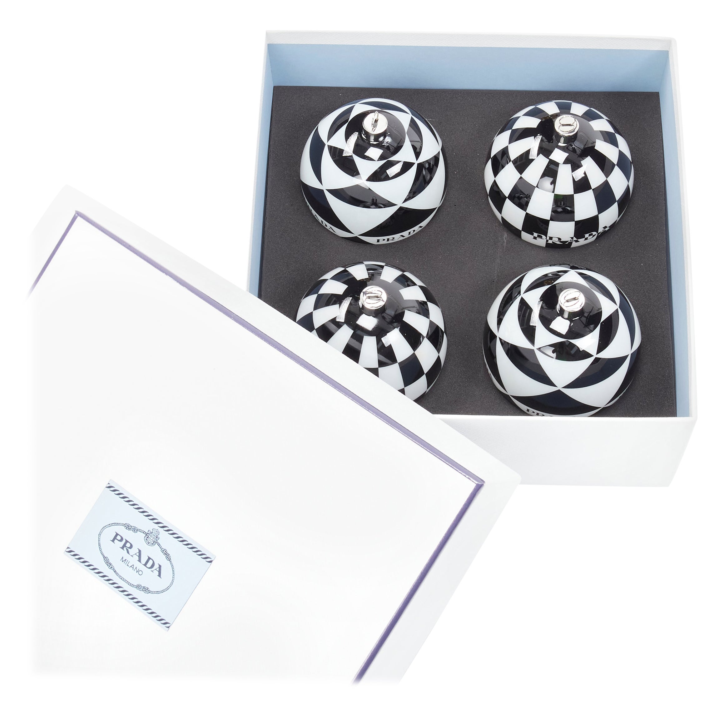 new PRADA Christmas 2021 Limited Edition black white geometric logo ornament set
