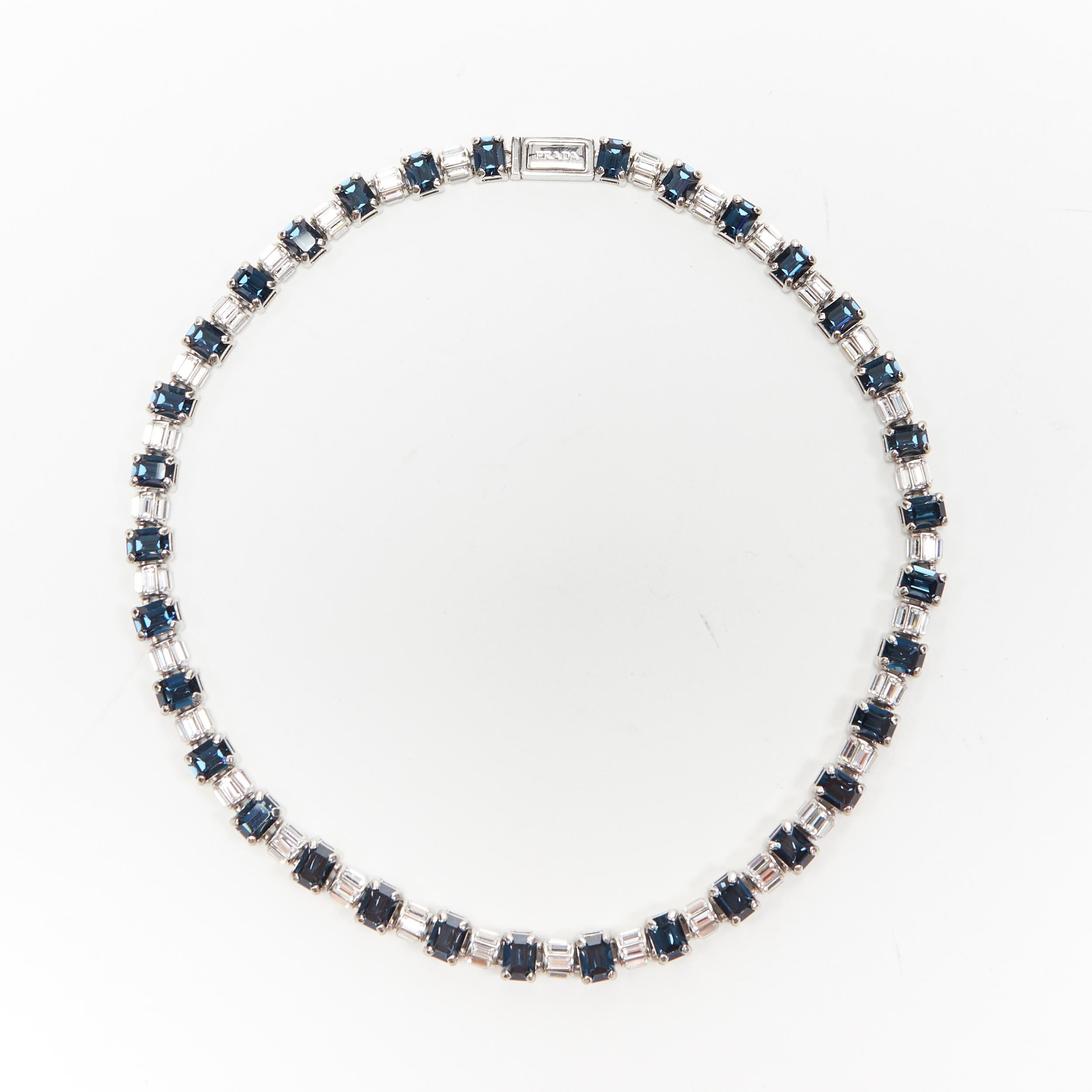 Women's new PRADA clear sapphire  topaz blue crystal rhinestone baguette short necklace