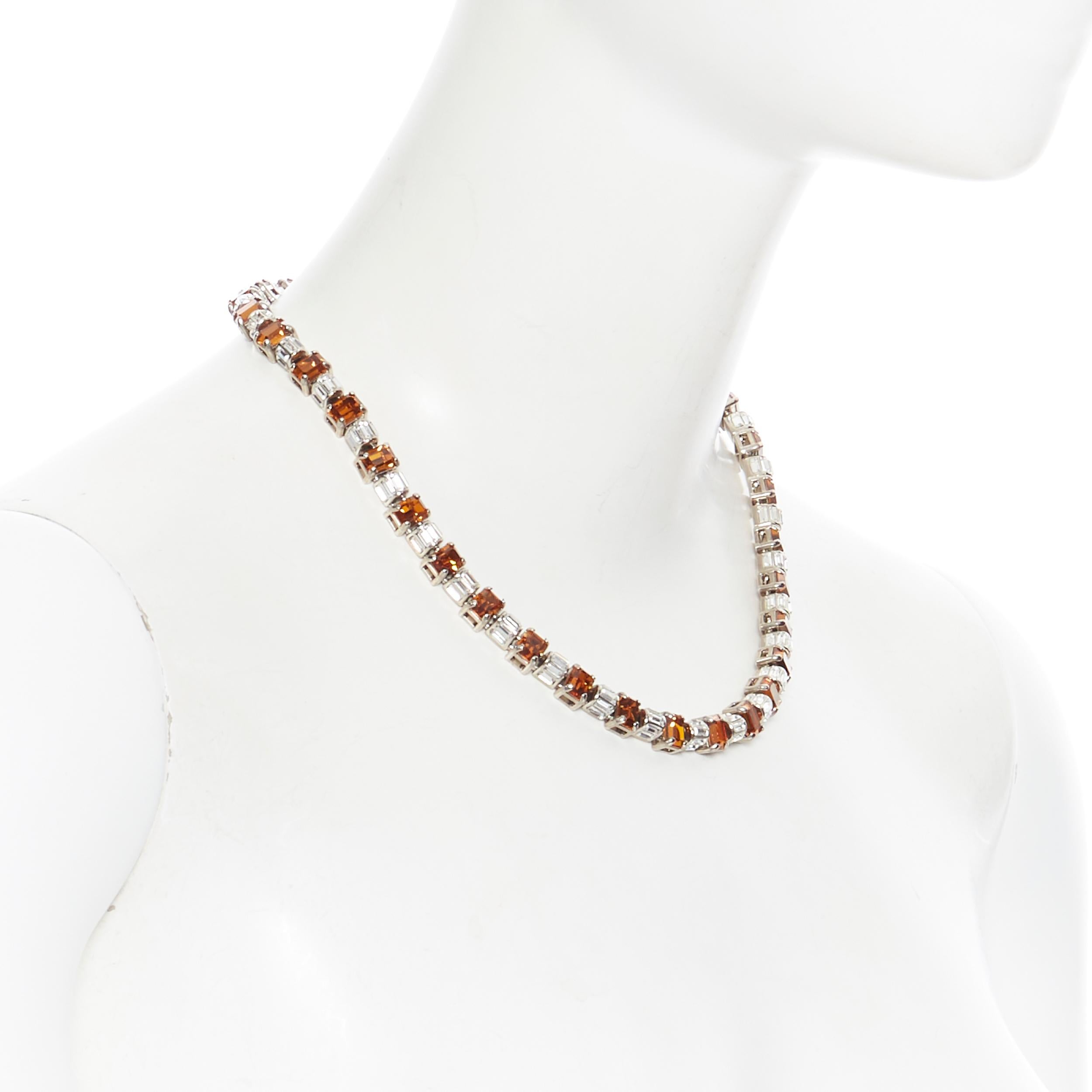 new PRADA clear sapphire topaz orange crystal rhinestone baguette short necklace In New Condition In Hong Kong, NT