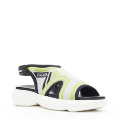 new PRADA Cloudbust green silver sock knit sports strap chunky clog sandal EU38