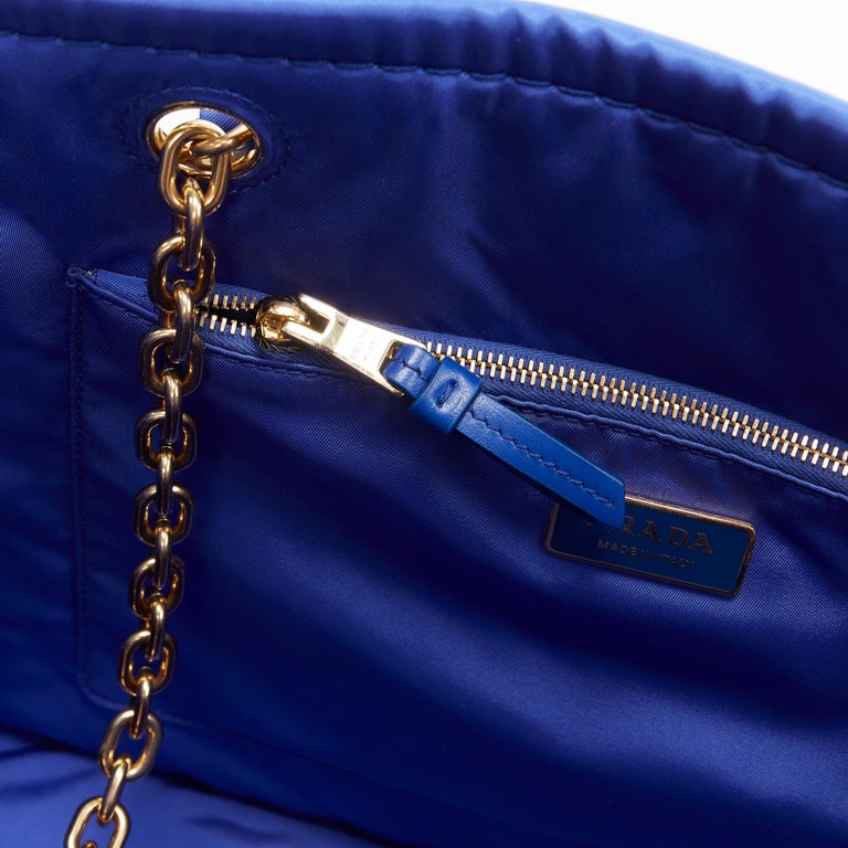 new PRADA cobalt blue Tessuto Nylon overstitch triangle logo gold chain tote  bag at 1stDibs