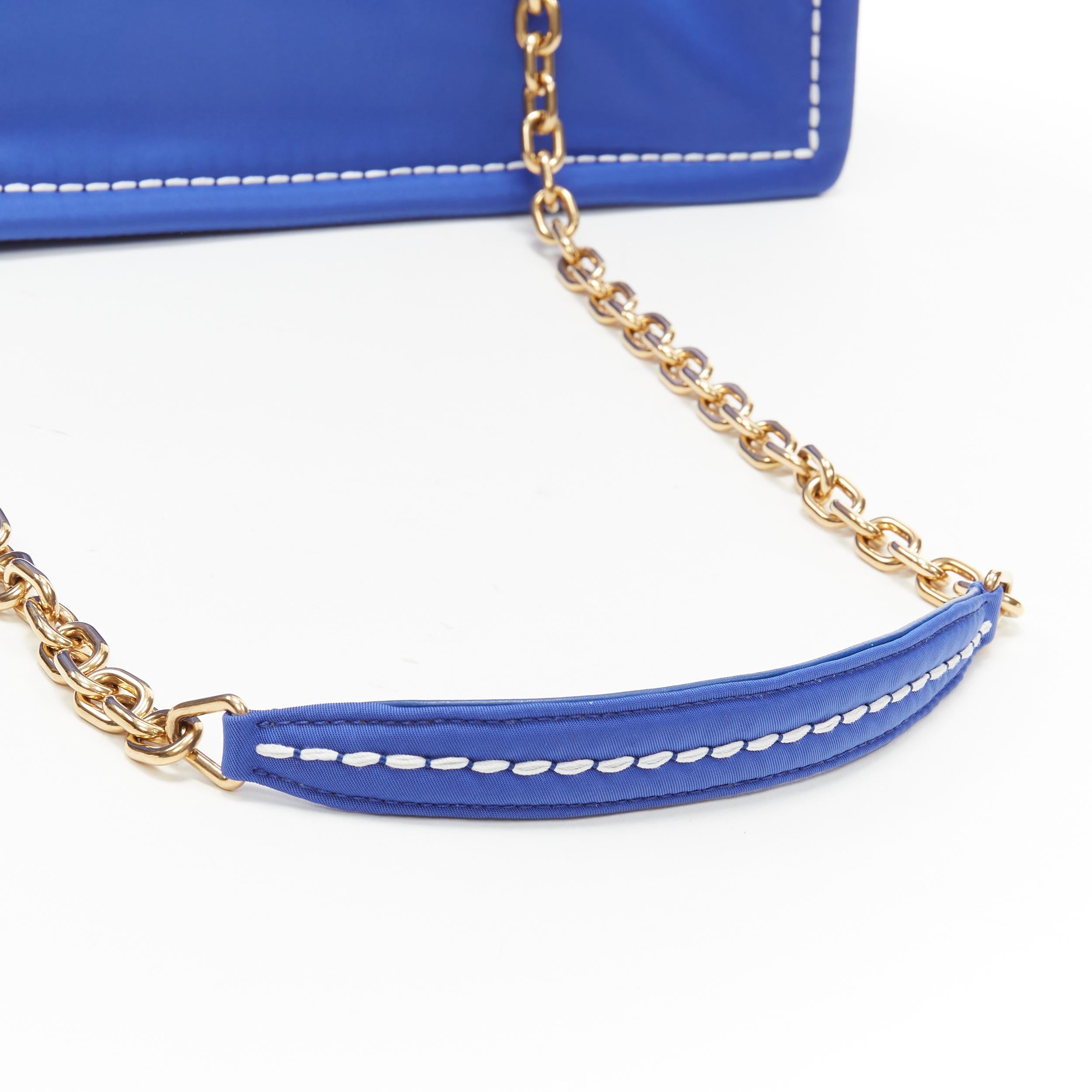 new PRADA cobalt blue Tessuto Nylon overstitch triangle logo gold chain tote bag 4