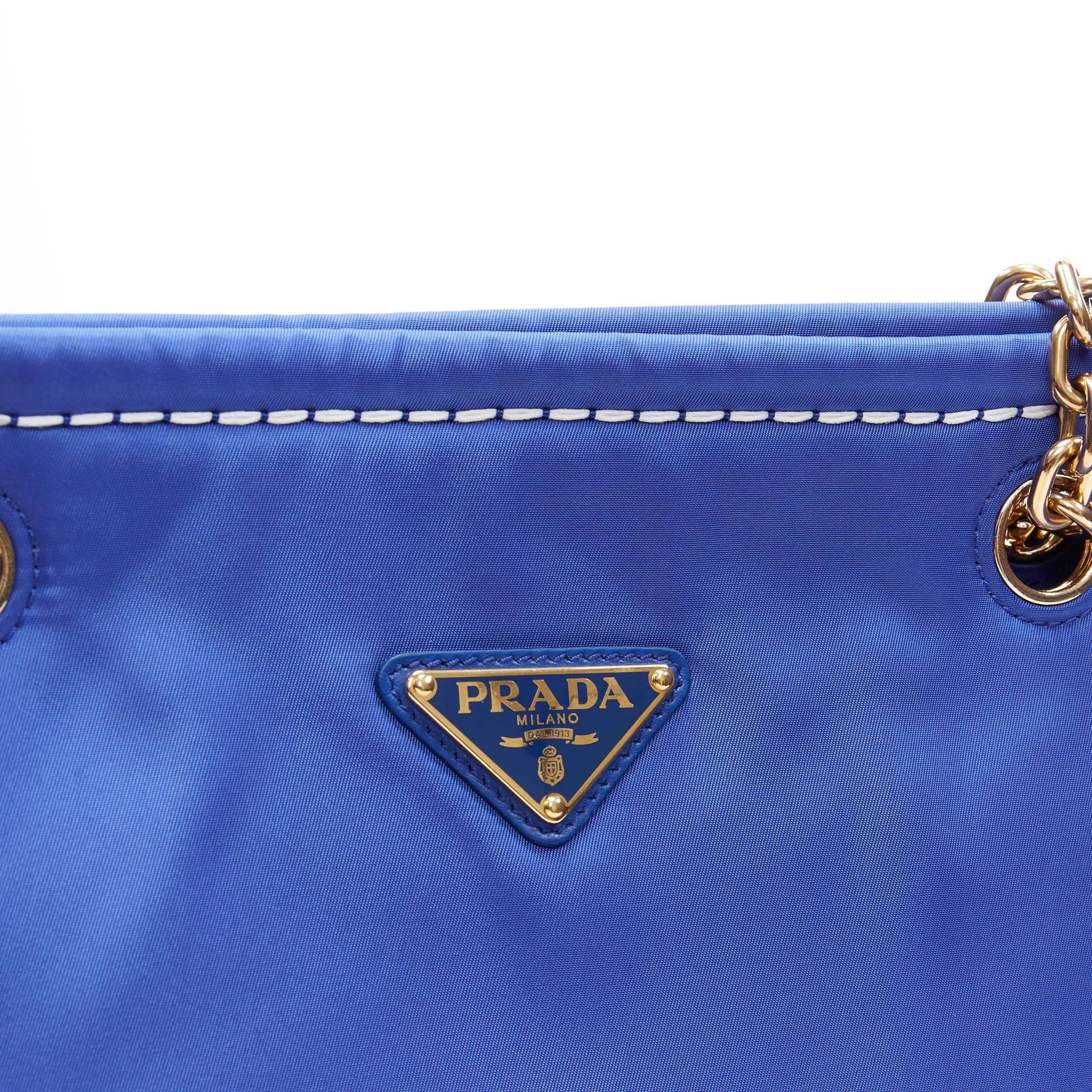 new PRADA cobalt blue Tessuto Nylon overstitch triangle logo gold chain tote bag In New Condition In Hong Kong, NT