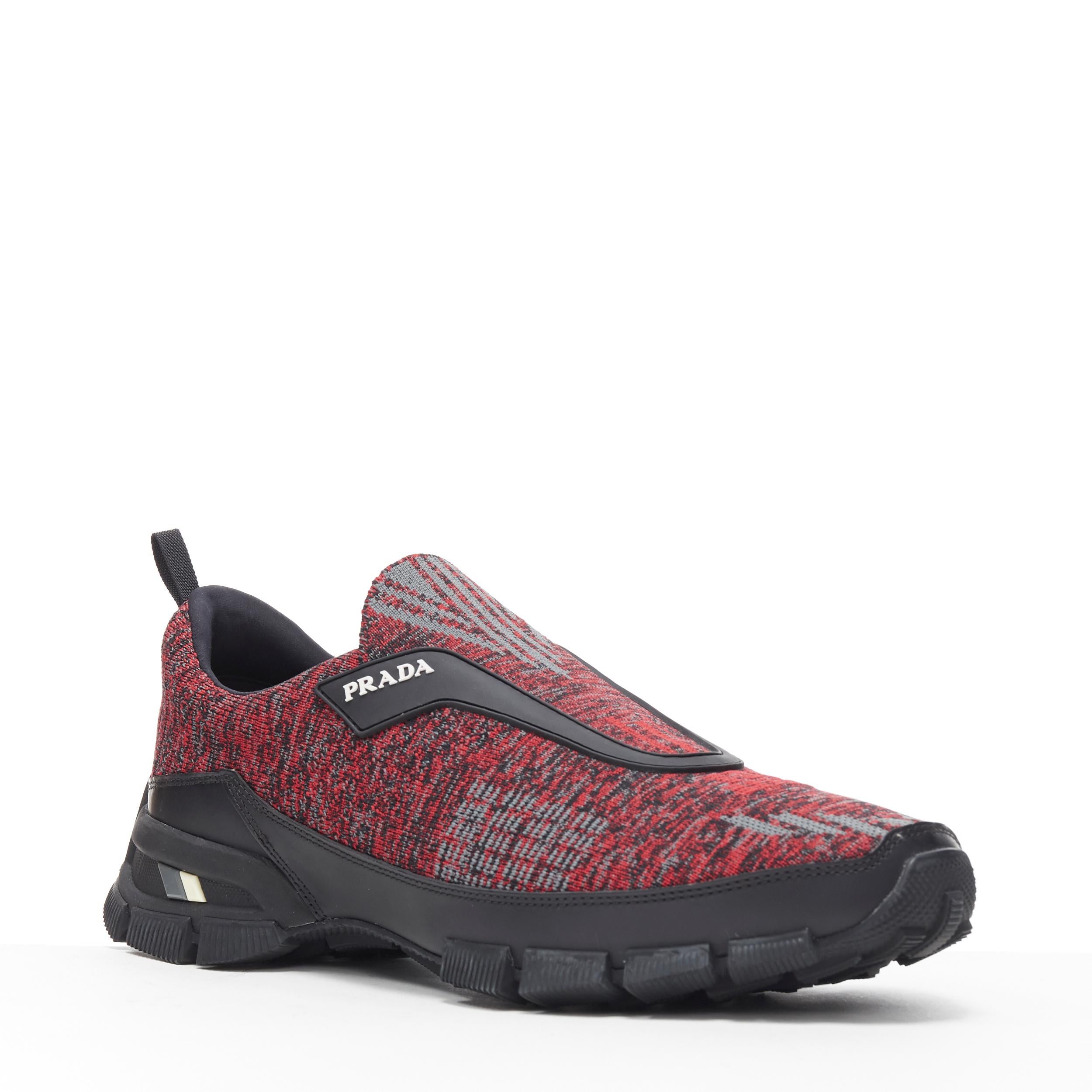 new PRADA Crossection Knit Low red black sock low runner sneakers UK6 US7 EU39 
Reference: TGAS/A05873 
Brand: Prada 
Designer: Miuccia Prada 
Model: Crossection 
Material: Fabric 
Color: Red 
Pattern: Solid 
Closure: Pull on 
Extra Detail: Red grey