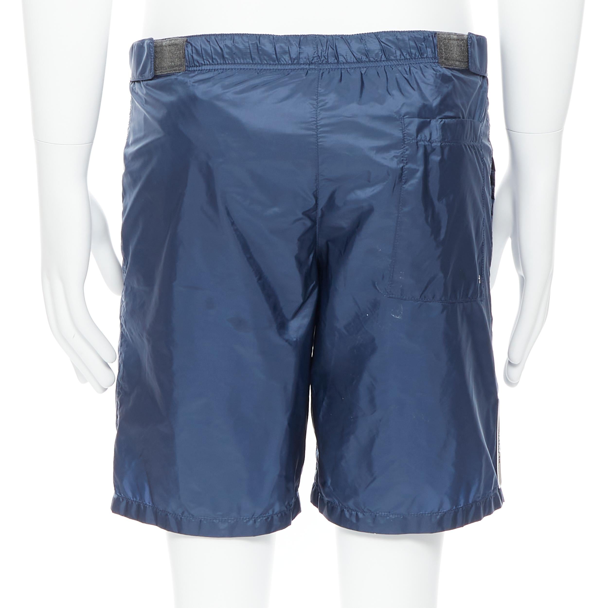 Blue new PRADA dark blue burgundy stripe rubber logo swim shorts trunks IT44 XS For Sale