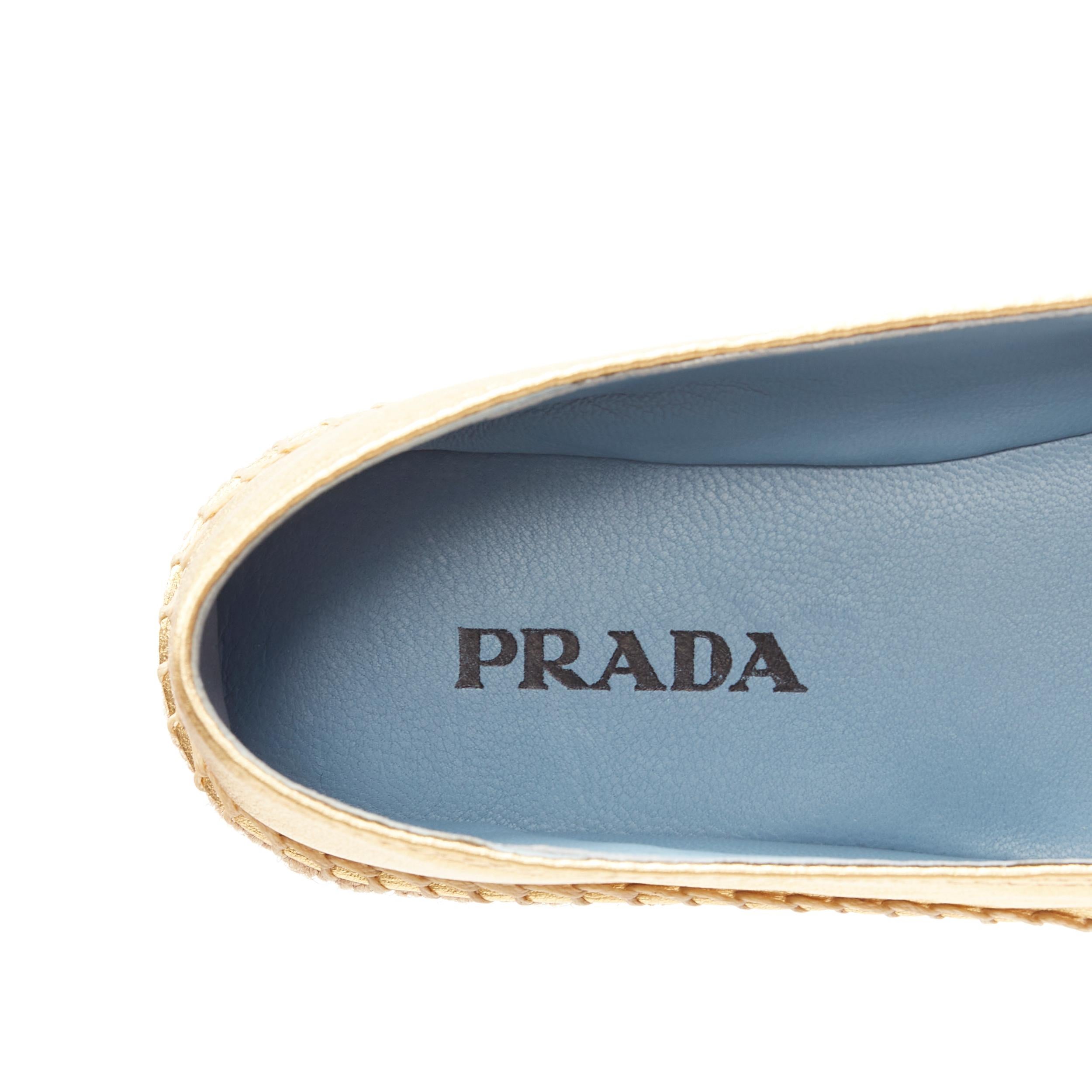 new PRADA gold leather logo peep toe jute platform espadrille shoe EU38.5 2