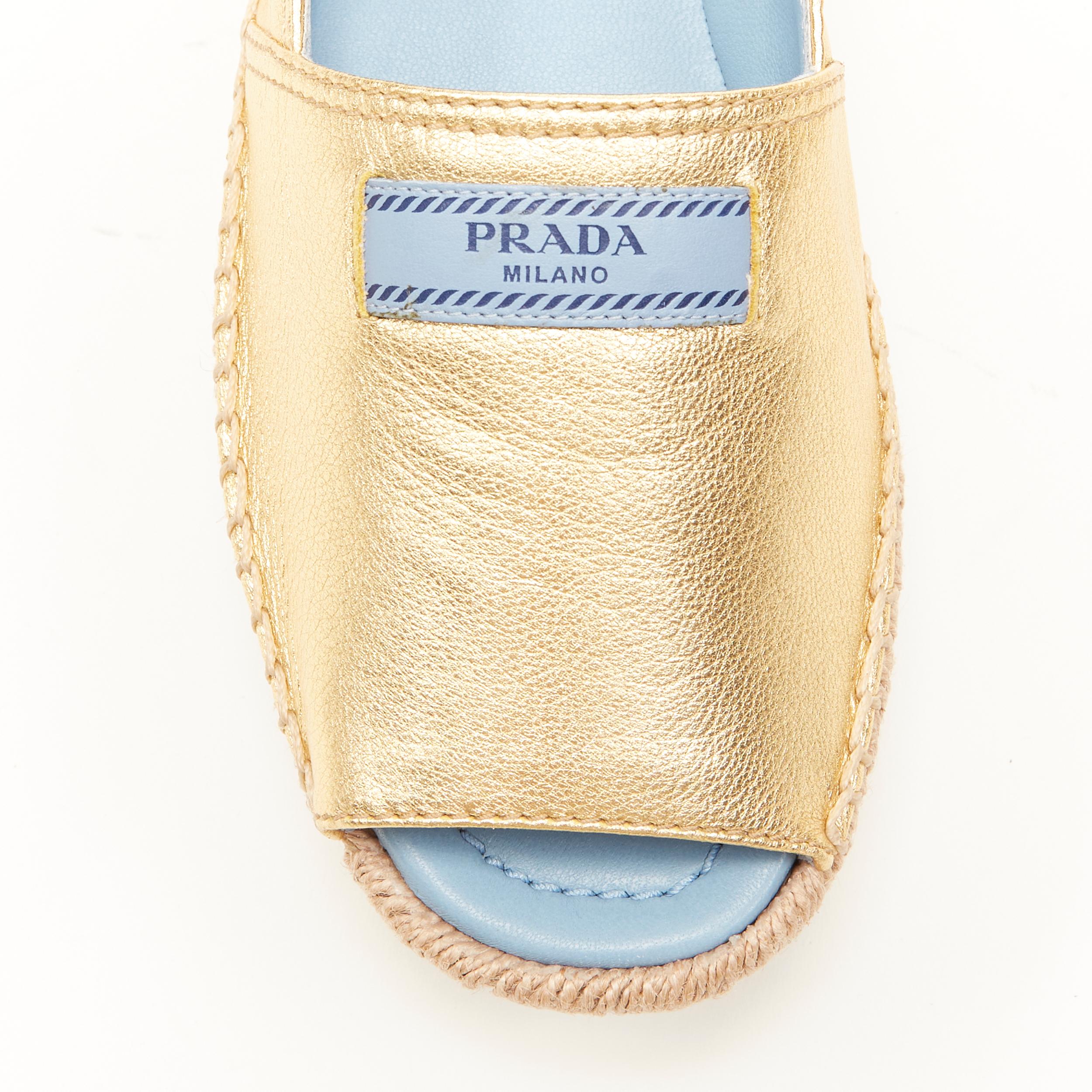 new PRADA gold leather logo peep toe jute platform espadrille shoe EU38.5 In New Condition In Hong Kong, NT