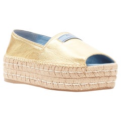 new PRADA gold leather logo peep toe jute platform espadrille shoe EU38.5