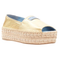 new PRADA gold leather logo peep toe jute platform espadrille shoe EU38.5