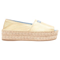 new PRADA gold leather logo peep toe jute platform espadrille shoe EU38.5