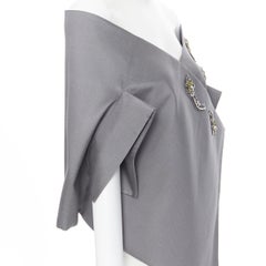 new PRADA grey wool green crystal flower kimono off shoulder shawl cape