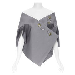 new PRADA grey wool green crystal flower kimono off shoulder shawl cape