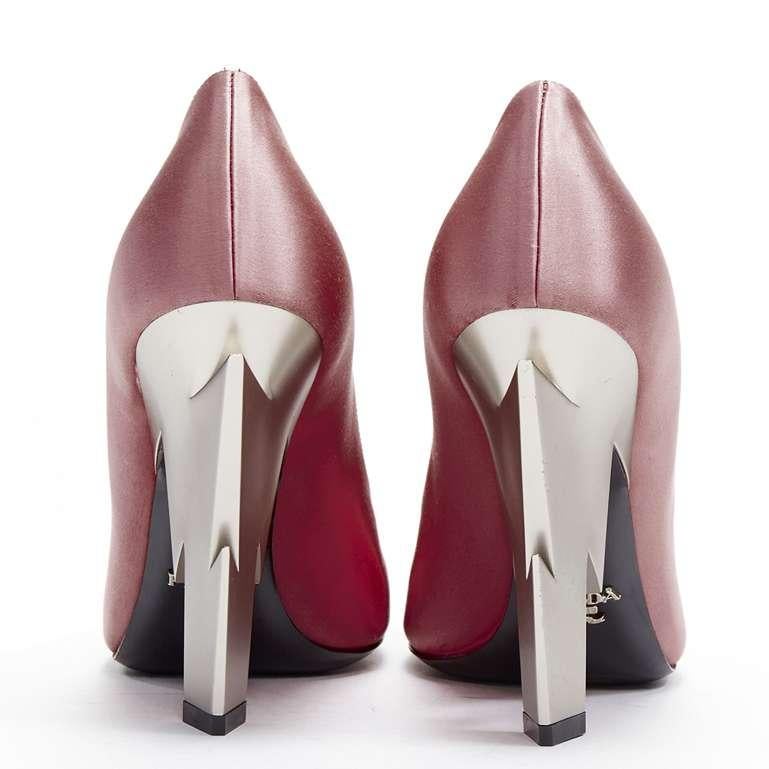 Women's new PRADA Lightning Bolt pink silk satin silver metal heel pump EU37 For Sale