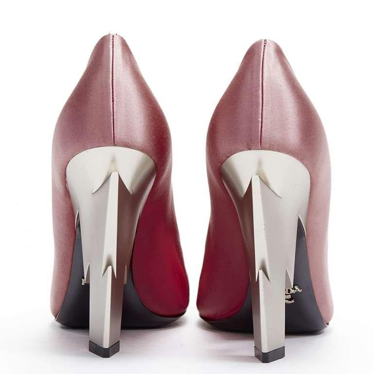 new PRADA Lightning Bolt pink silk satin silver metal heel pump EU37.5 1