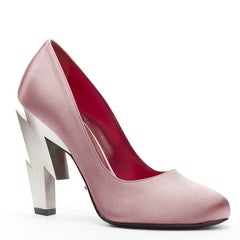 new PRADA Lightning Bolt pink silk satin silver metal heel pump EU38