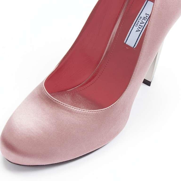 Women's new PRADA Lightning Bolt pink silk satin silver metal heel pump EU38 For Sale