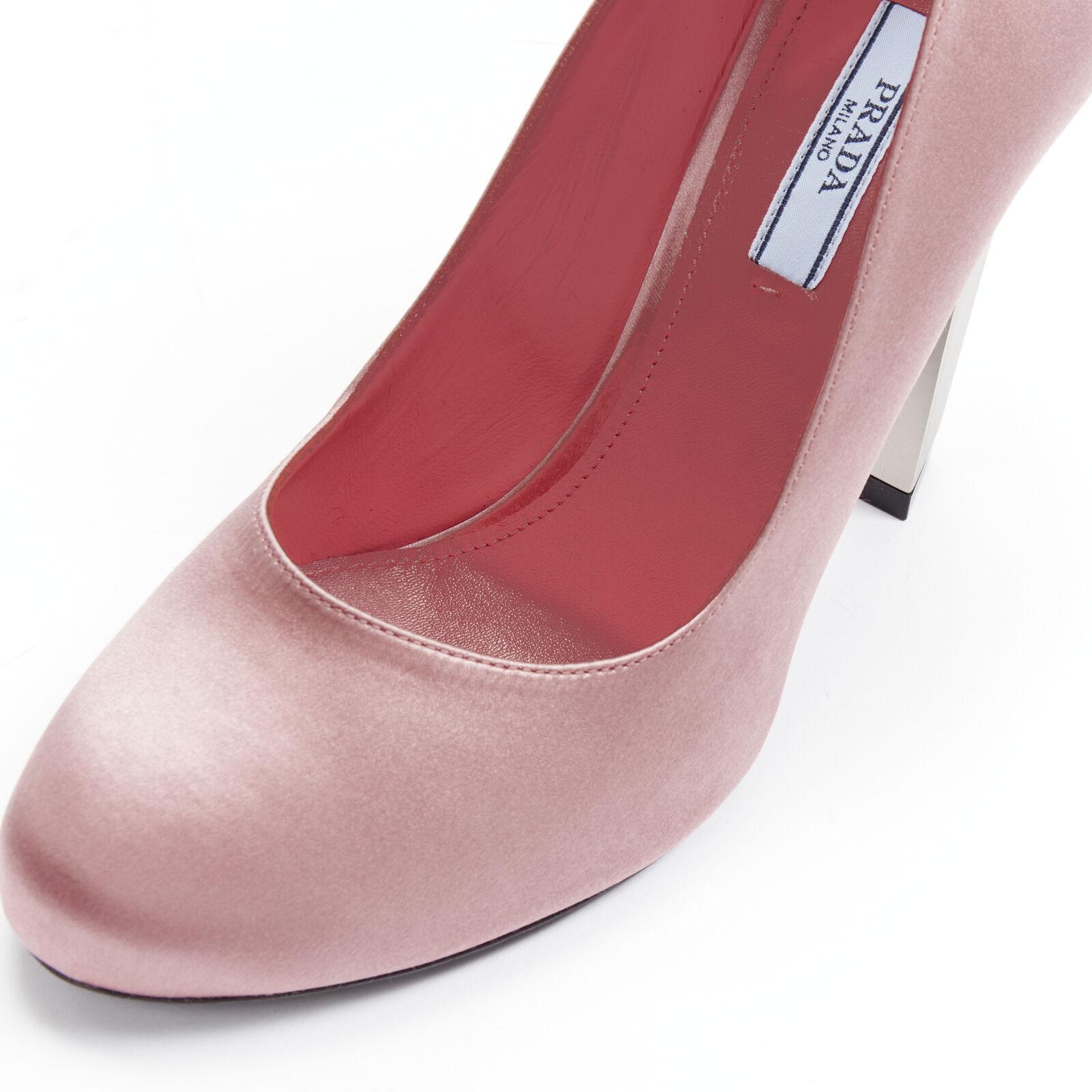 Women's new PRADA Lightning Bolt pink silk satin silver metal heel pump EU38.5 For Sale