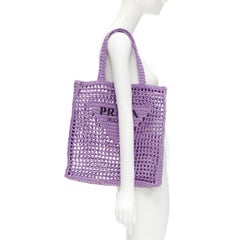 new PRADA Lily purple raffia triangle logo top handle tote bag