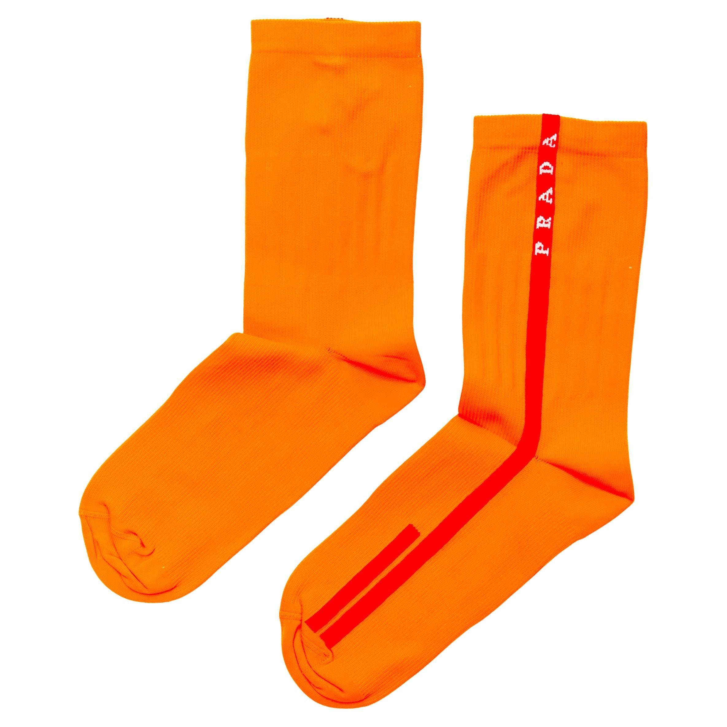 new PRADA Linea Rossa neon orange red line logo cotton socks nylon pouch For Sale